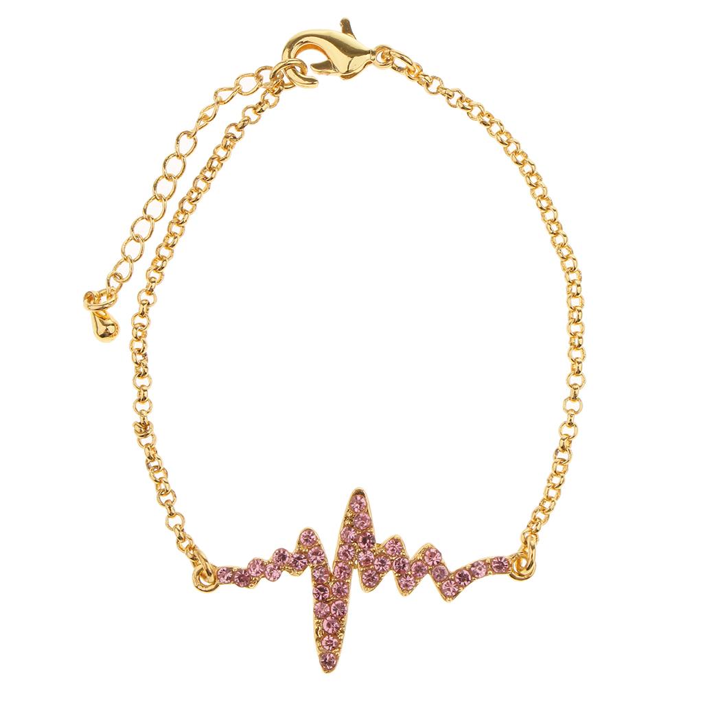 Maxbell Novelty Heartbeat Bracelet Bangle Unisex Bangle Gold Chain Pink Crystal