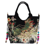 Max Handmade Peacock Embroidery Ethnic Travel Shoulder Bag Women Bags Black