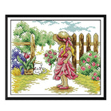 Max Girl in Garden Stamped Cross Stitch Kit DIY Handmade Needlework 26x21cm 14CT