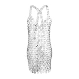 Maxbell Women Sequined Spaghetti Straps Dress Sequin Decorative Open Back for Club Argent