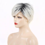 Maxbell Short Full Head Wig Beige Black Gradient Oblique Bangs Women Synthetic Wig