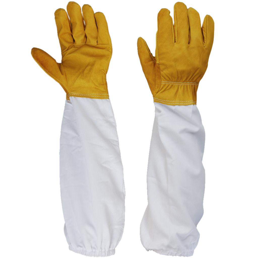 Maxbell Pair Protective Beekeeping Gloves, Goatskin Bee Keeping with Vented Long Sleeves - Yellow and white