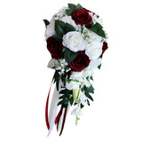 Maxbell Wedding Hand Bouquet Bridal Holding Artificial Flowers White + Wine Red