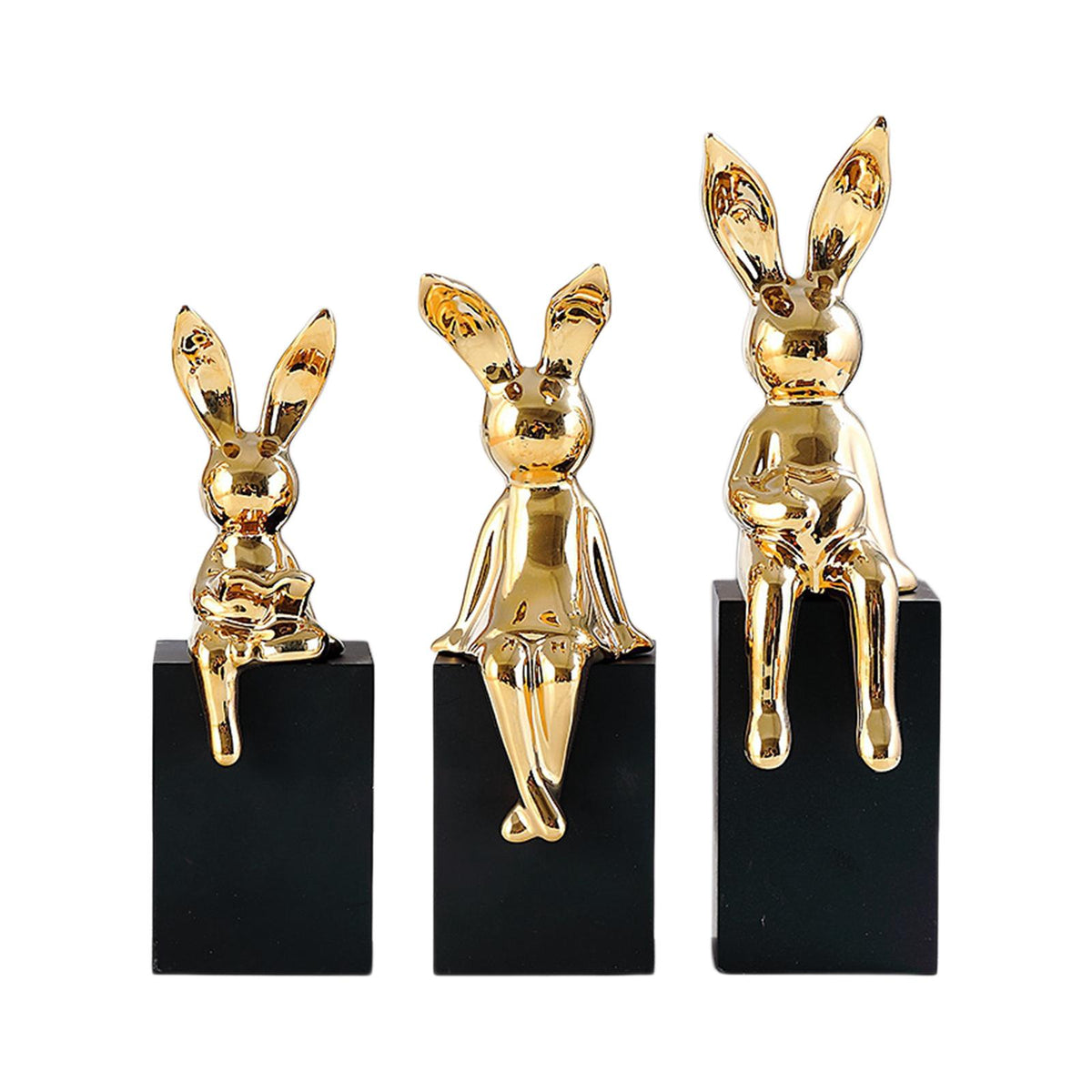 Maxbell 3Pcs Rabbit Family Statues Figurines Animal Figures Bedroom Bunny Sculptures Aureate