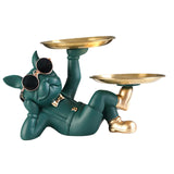 Maxbell Chic Resin French Bulldog Statue 2 Metal Trays with Glasses Home Decor Green