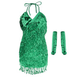 Maxbell Women Latin Ballroom Dance Costume Sequins Tassel Slip Dress Green