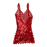 Maxbell Women Sequined Spaghetti Straps Dress Sequin Decorative Open Back for Club Red