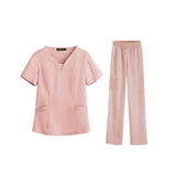 Maxbell women Nurse Uniform Multi Pockets Soft Top Pants Set for Massaging M Pink