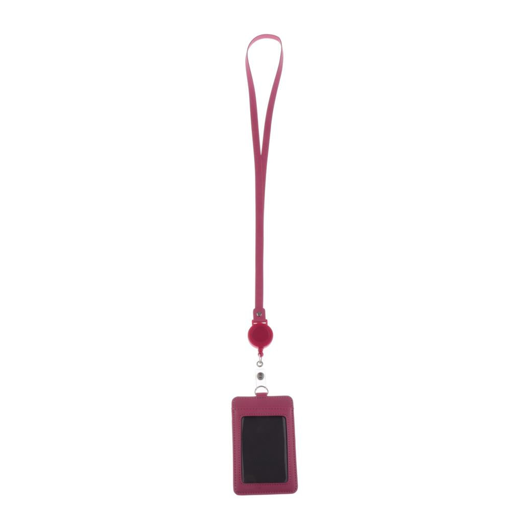 Max 2-Sided Vertical Pu Leather Badge Card Holder Neck Strap Lanyard Rose Red