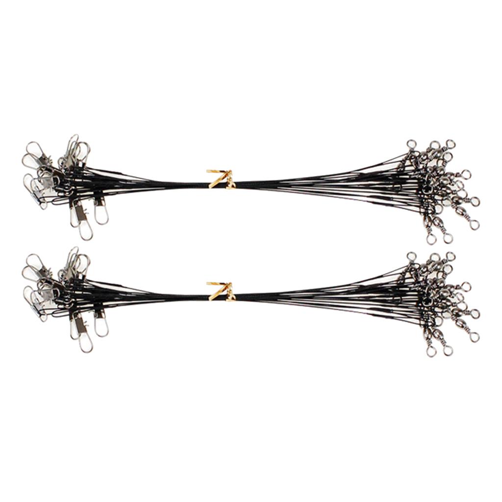 Max 20pcs Fishing Wire Leaders with Safety Snaps and Barrel Swivels Black 25cm