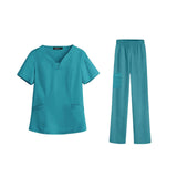 Maxbell women Nurse Uniform Multi Pockets Soft Top Pants Set for Massaging L blue