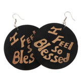 Maxbell Vintage Black Wood Ethnic Lettering Tribal Dangle Earring I FEEL SO BLESSED