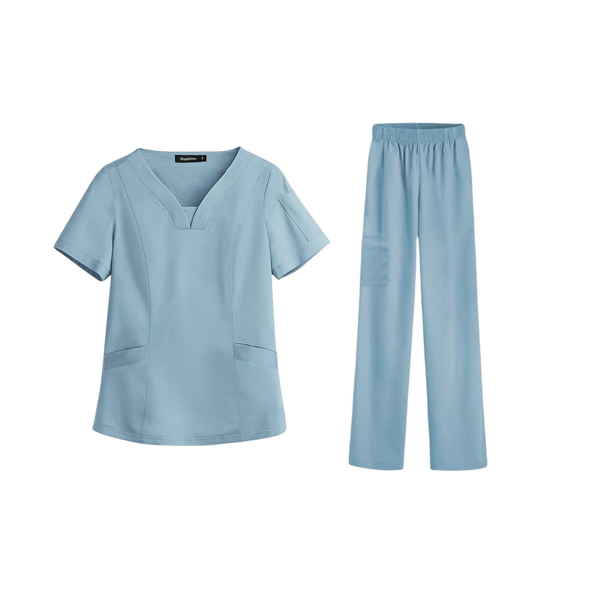 Maxbell women Nurse Uniform Multi Pockets Soft Top Pants Set for Massaging XL light blue