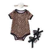 Maxbell 3Pcs Baby Girl Romper Headband Shoes Clothes Sets M for 6-12Months Leopard