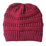 Maxbell Womens Messy Bun Ponytail Crochet Knitted Winter Beanie Hat Cap Wine Red