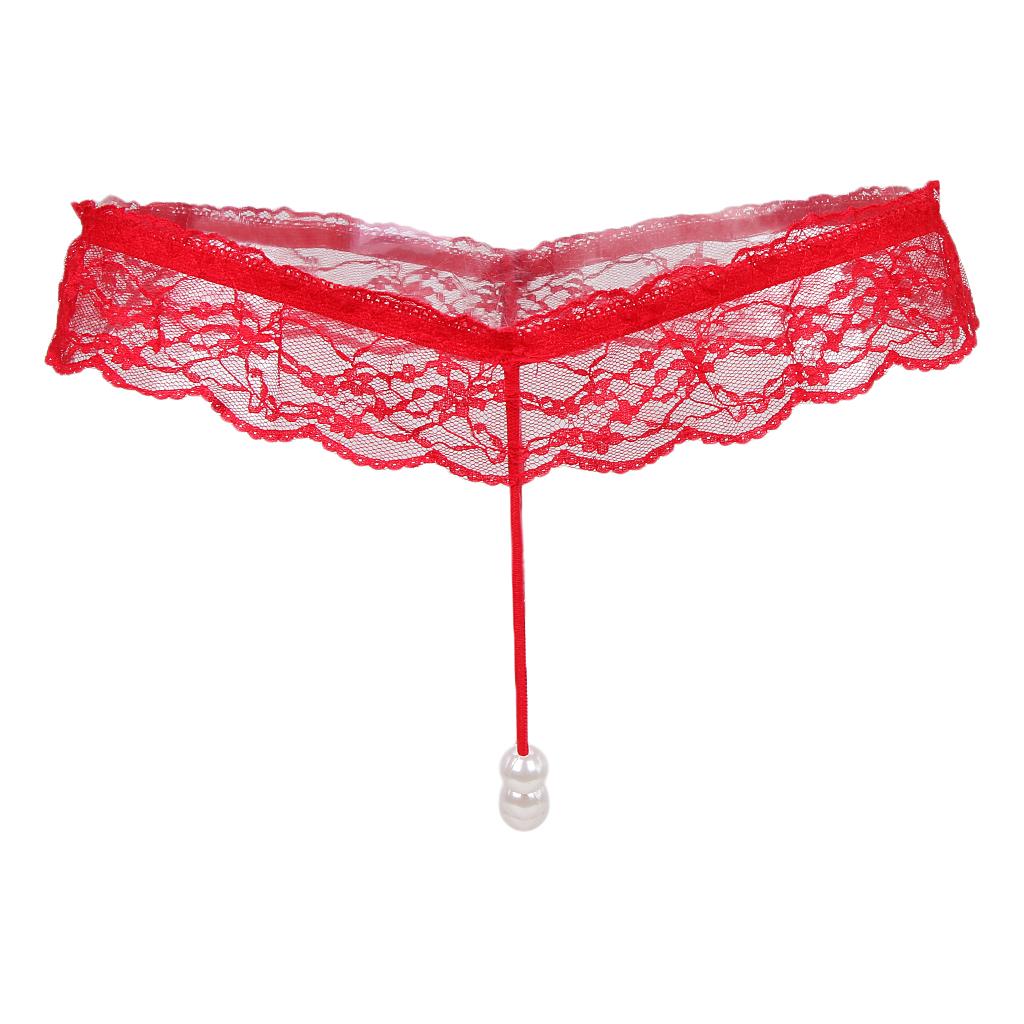 Maxbell Womens Sheer Lace Pearl Mini G-string Briefs Panties Underwear T-back Red