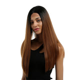 Maxbell 16 inch Natural Long Synthetic Wig Wave Front Lace Wig Heat Safe Wigs Brown Straight