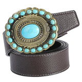 Maxbell Men's Belt Vintage Turquoise Buckle Indian Style 1-1/2" (38mm) Wide Fashion Coffee
