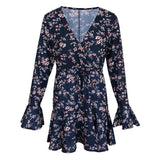 Maxbell Floral Tea Wrap Dress 3/4 Sleeves Deep V Neck Flare Midi Dress M Navy Blue