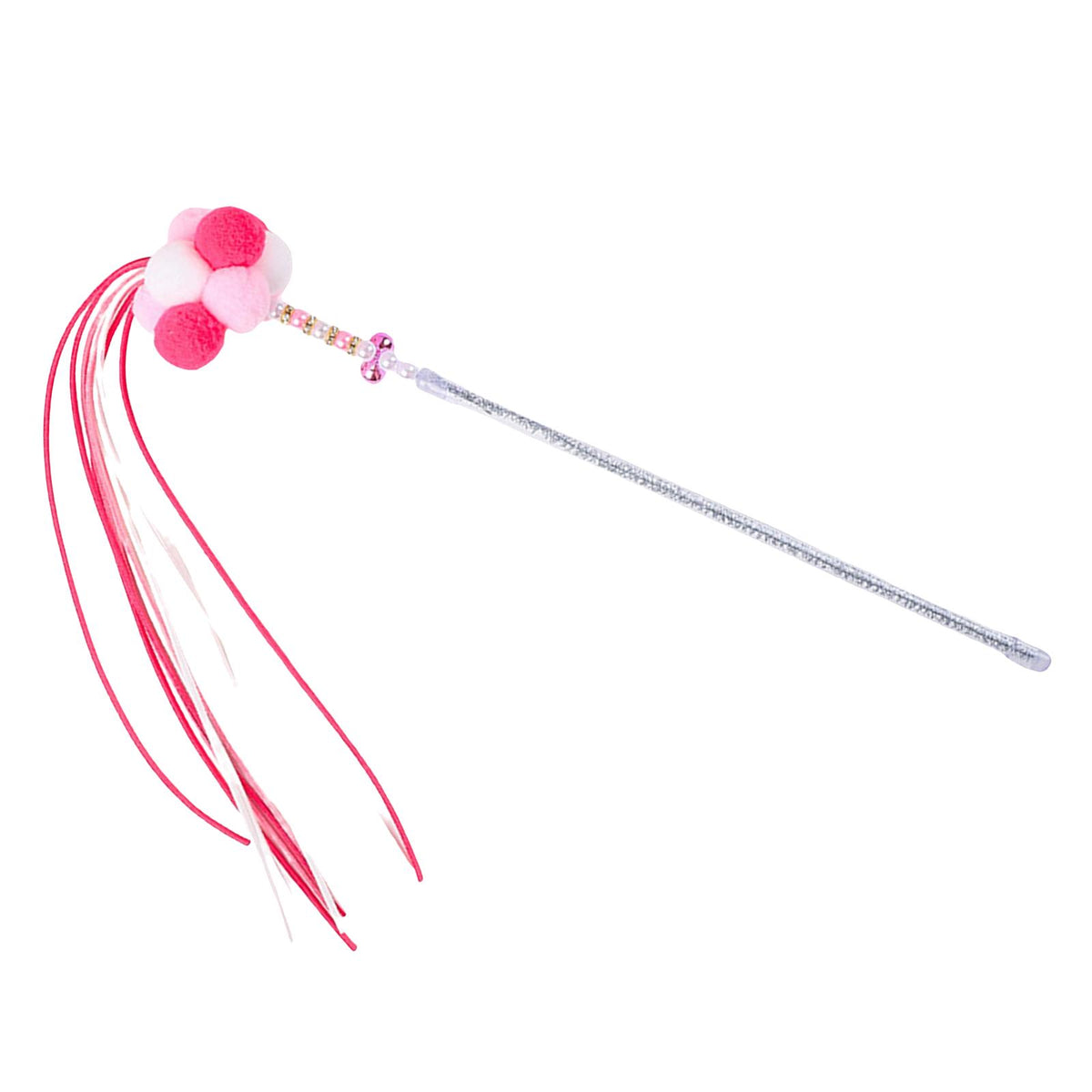 Maxbell Funny Cat Teaser Wand Long Rod Cat Interactive Toy with Plush Balls and Bell Pink Red