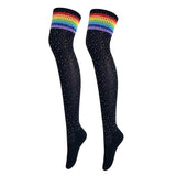 Maxbell Lady Stripes Over Knee High Stockings Cosplay Long Party Socks Leg Warmer Black with Colorful Stripe