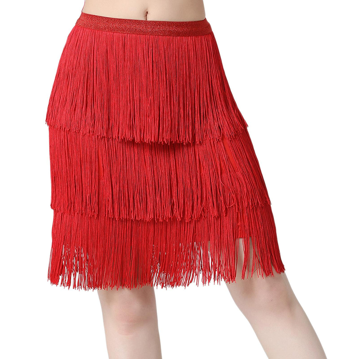 Maxbell Three Layers Tassels Latin Dance Skirt Soft Girl Dancewear for Samba Rumba Party Red Large