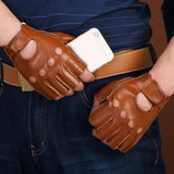 Maxbell Retro PU Leather Men Fingerless Driving Cycling Gloves L Brown Hook Loop