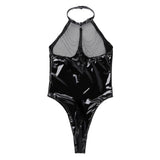 Maxbell Women Patent Leather Catsuit Mesh Leotard Bodysuit Nightclub Dance M