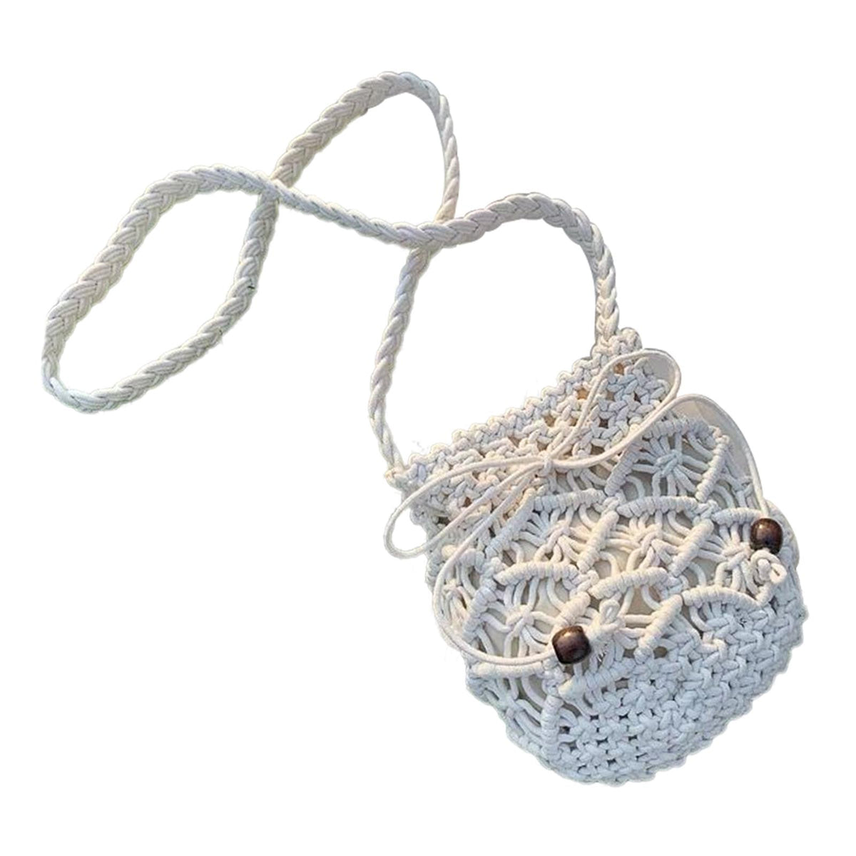 Maxbell Woven Shoulder Bag Phone Purse Bucket Bag Hollow Out Drawstring Pockets White