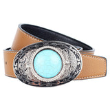 Max Western Cowboy Leather Belt Waist Strap Turquoise Buckle Waistband Brown