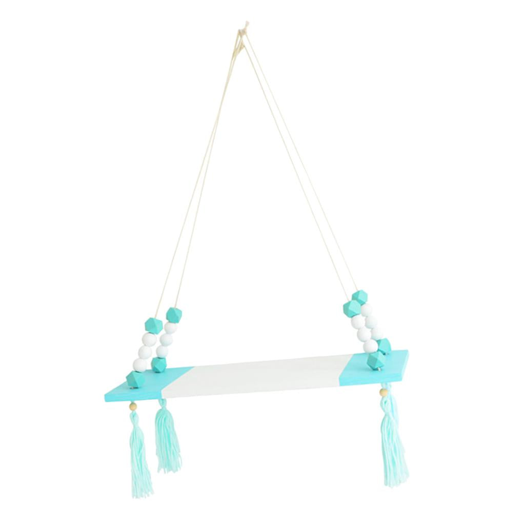 Max Wood Hanging Shelf Wall Swing Storage Floating Rack Tassel Rope Shelf Green