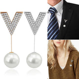 Maxbell Elegant Men Women Rhinestone Paved V Shaped Pearl Stick Collar Pins Gold