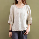 Maxbell Women's Solid 3/4 Short Sleeve Cotton Linen Blouses Top T-Shirt 3XL Apricot