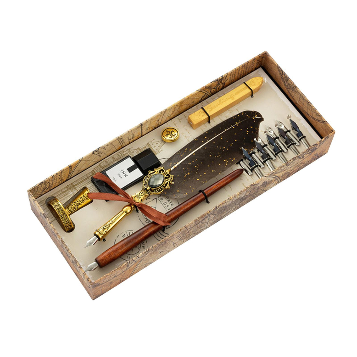 Maxbell Dip Feather Pen Set Quill Pen for Antique Calligraphy Golden Gray