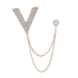 Maxbell Crystal V Brooch Tassel Chain Coat Suit Lapel Pin Shirt Stud Jewlery Gold