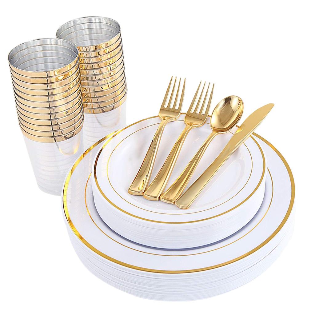 Max 150 Pieces Shiny Finish Disposable Dinnerware Set for 25 Guests Gold