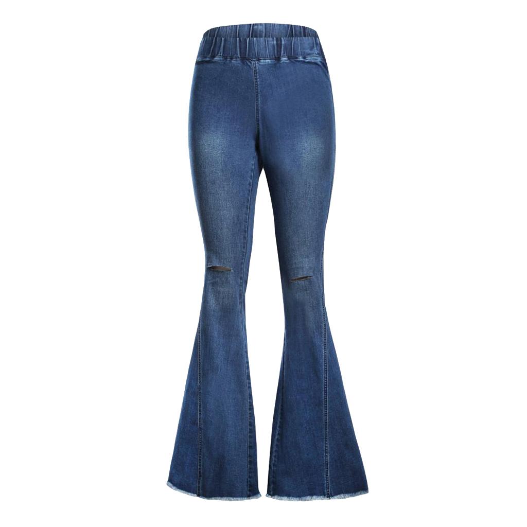 Max Womens Flared Trousers with High Waist Knee Holes Denim Jeans S