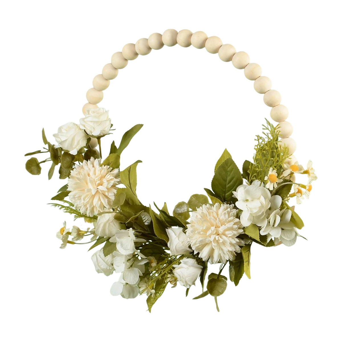 Maxbell Artificial Flower Wreath Garland Door Hanging Wooden Beads Hoop Decor White