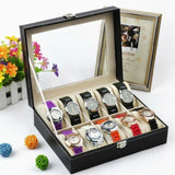 Max Maxb Leather 10 Slot Watch Box Glass Top Watch Jewelry Display Case Organizer