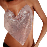 Maxbell Women Metal Sequin Tank Backless Glitter Sparkling Shiny for Rave Party Wear Rose Aureate