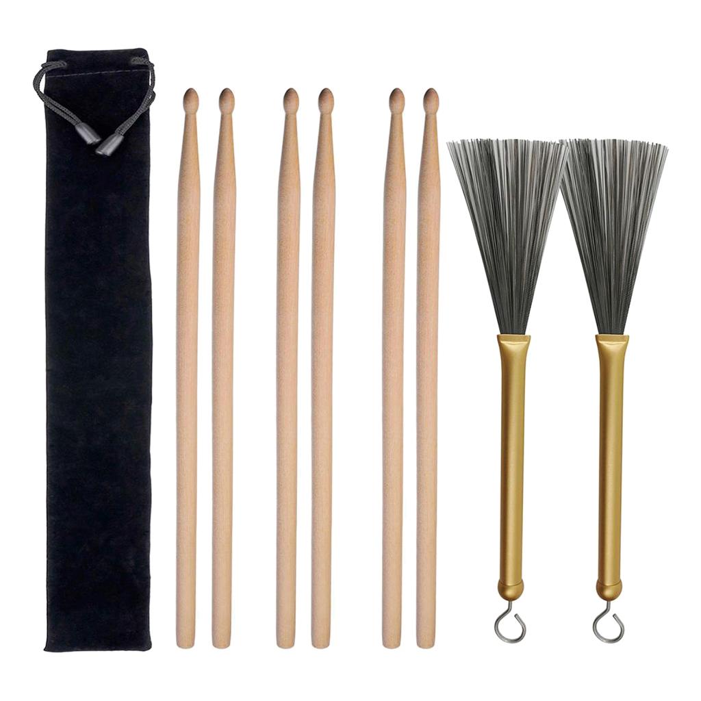 Max Wood Drum Sticks 2pcs Retractable Drum Wire Brushes w/ Handle w/ Storage Bag