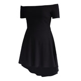 Maxbell Solid Off Shoulder Skater Dress High Low Dress Short Sleeves L Black