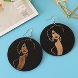 Maxbell Round Wood Dangle Drop Earrings Hook Painted Map Profile Jewelry Beauty Face