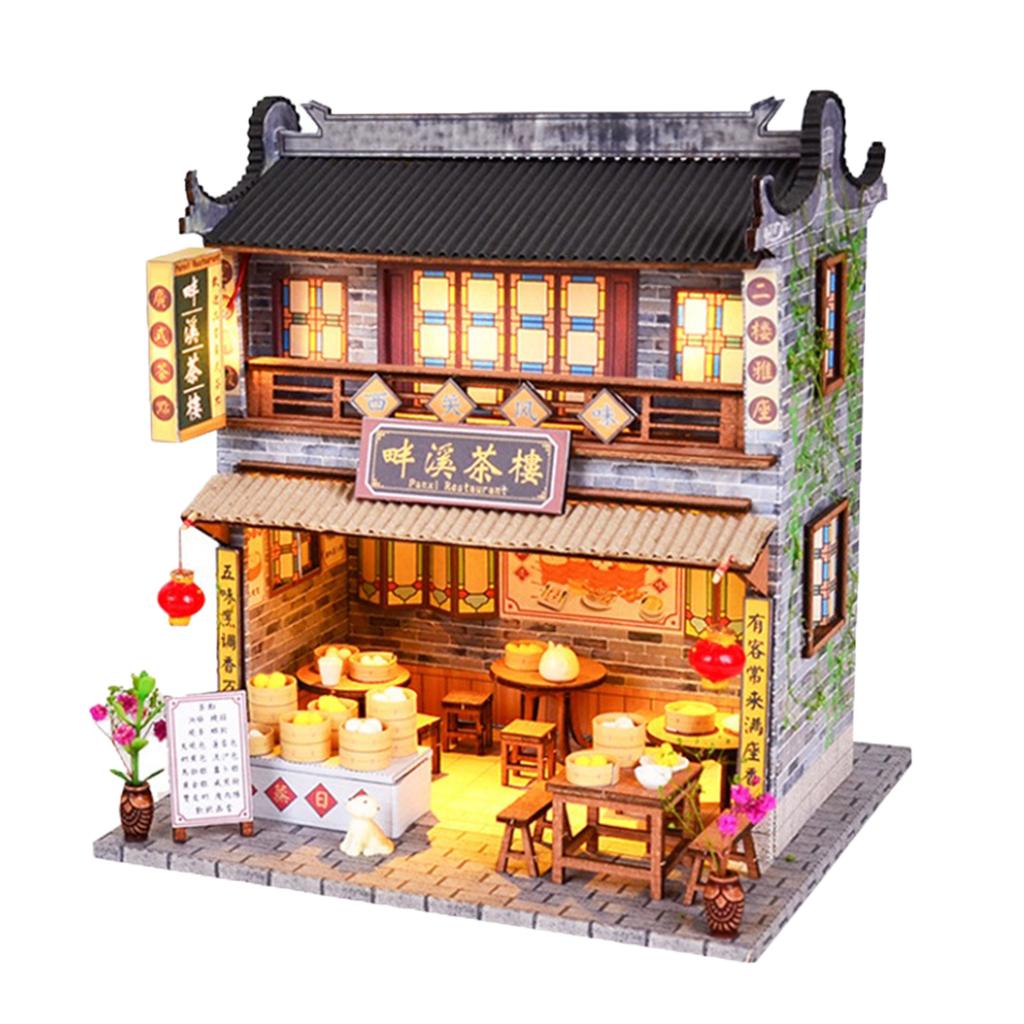 Maxbell 1/24 DIY Miniature Dollhouse Kits Teahouse with Furniture LED Light Accessry