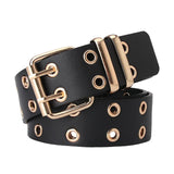 Maxbell Double Grommet Punk Belt Double Prong Buckle Hollow Accessories for Pants Black