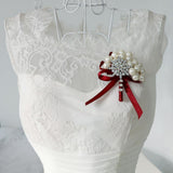 Max Wedding Boutonniere Corsage Bride Groom Pearl Flower Lapel Pins Wine Red