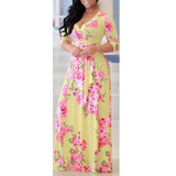 Maxbell Women's Floral Maxi Dresses Long Sleeve V-Neck Sexy Beach Dress 2XL Yellow