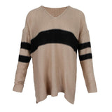 Maxbell Women's Stripe Contrast Color Long Sleeve V Neck Pullover Sweater  Khaki M