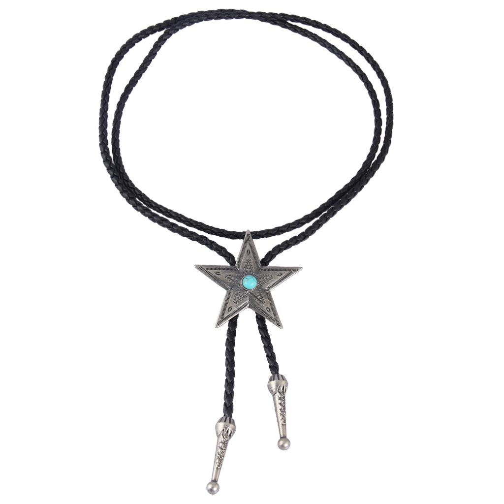 Maxbell Black PU Leather Western Cowboy Rodeo Bolo Tie Bola Necklace Antique Silver