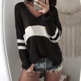 Maxbell Women's Stripe Contrast Color Long Sleeve V Neck Pullover Sweater  Black L